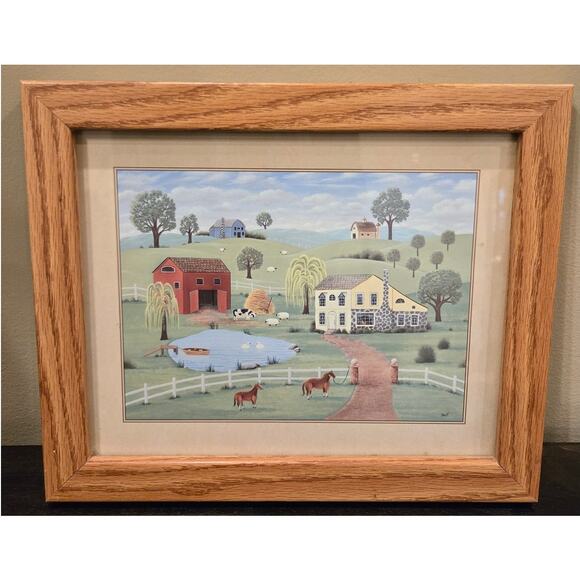 Vintage Folk Art Framed Farm Americana Norma Harrington Print Oak Frame - Picture 3 of 6
